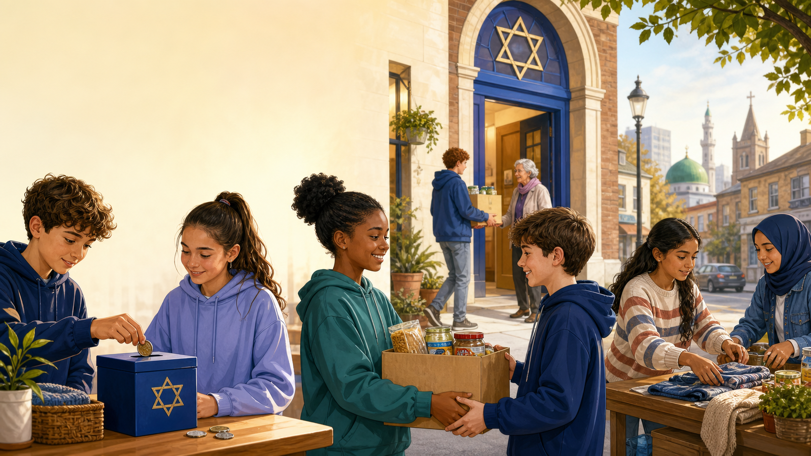 Pupils and volunteers sharing food parcels and care in a community setting