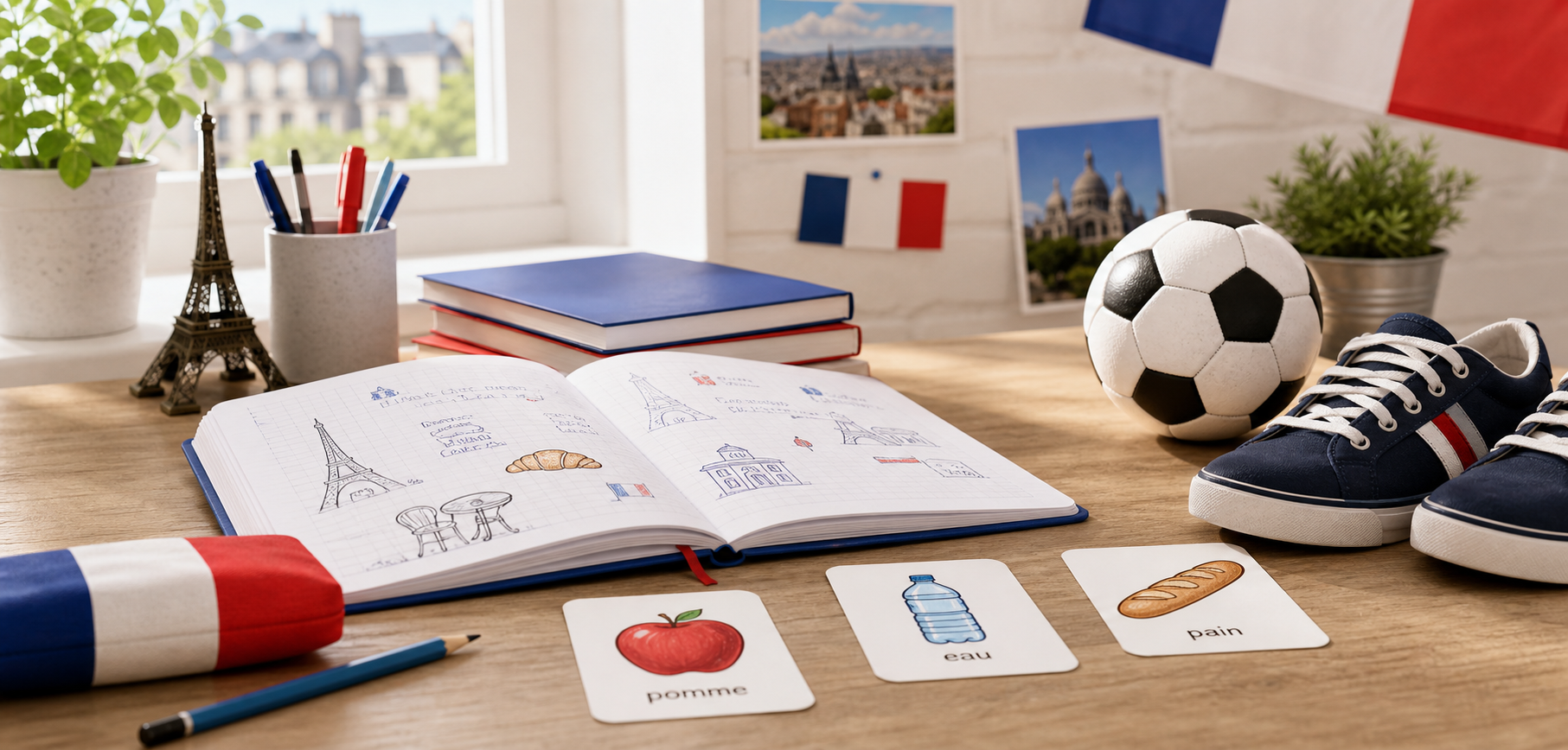 French revision desk with food cards and sports equipment