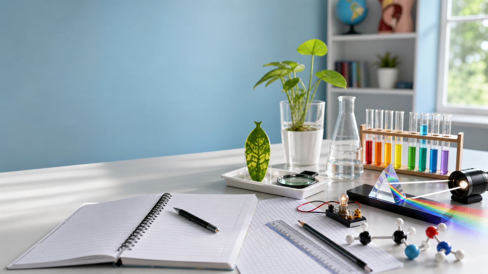 Science revision desk with graph paper, plant practical equipment, pH tubes and physics models